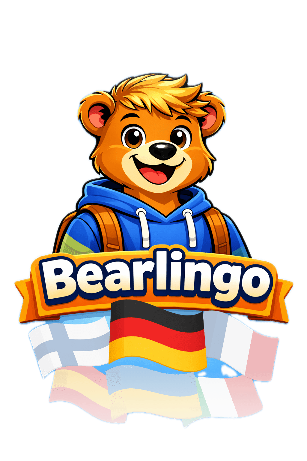 Bearlingo bear mascot holding the German, Finnish and French flags